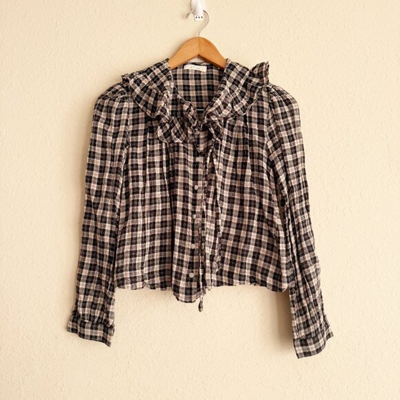 Doen Joelle Navy Counrty Side Plaid Checked Ruffle Collar Button Down Top Size S - Picture 2 of 7